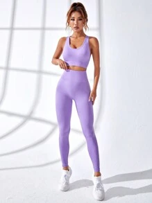 後背十字交叉寬腰帶運動套裝 - 紫色 - 查看 2