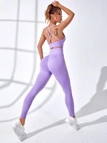 後背十字交叉寬腰帶運動套裝 - 紫色 - 查看 3