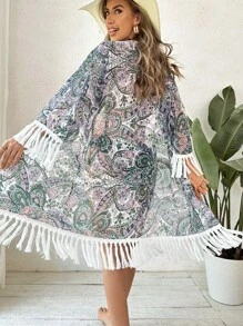 Paisley Print Fringe Trim Kimono - Multicolor - View 1