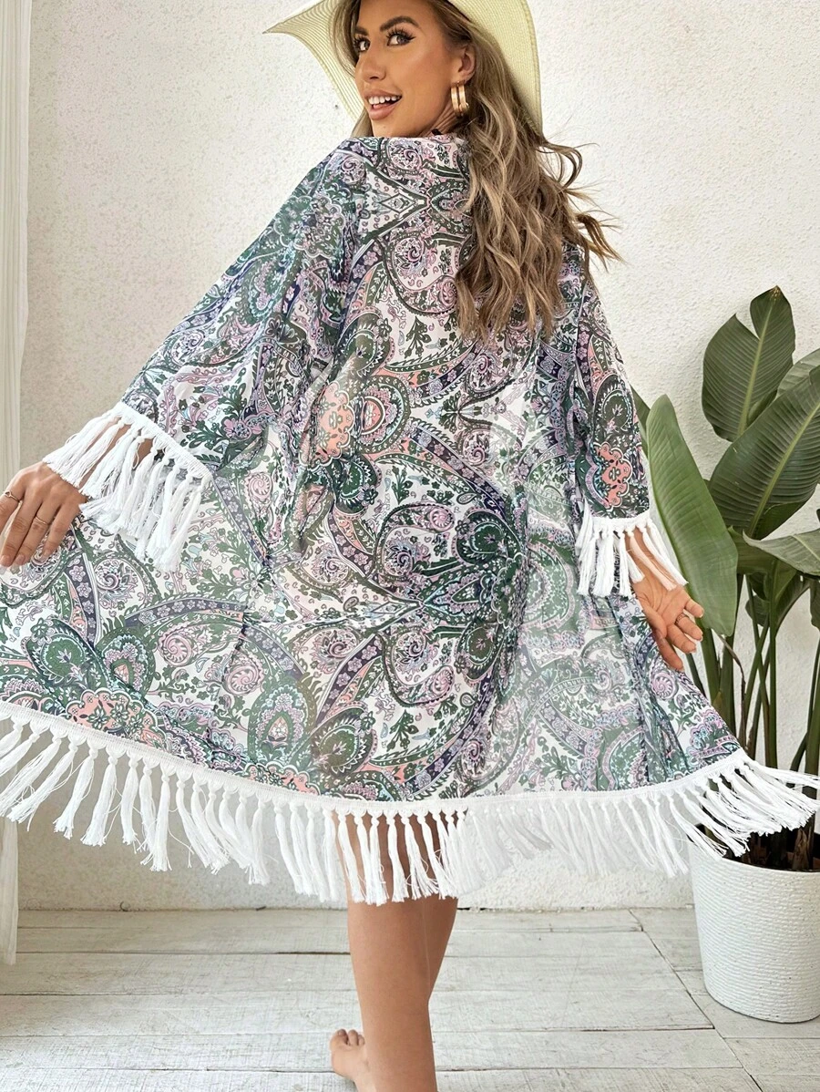 Paisley Print Fringe Trim Kimono - Multicolor - View 1