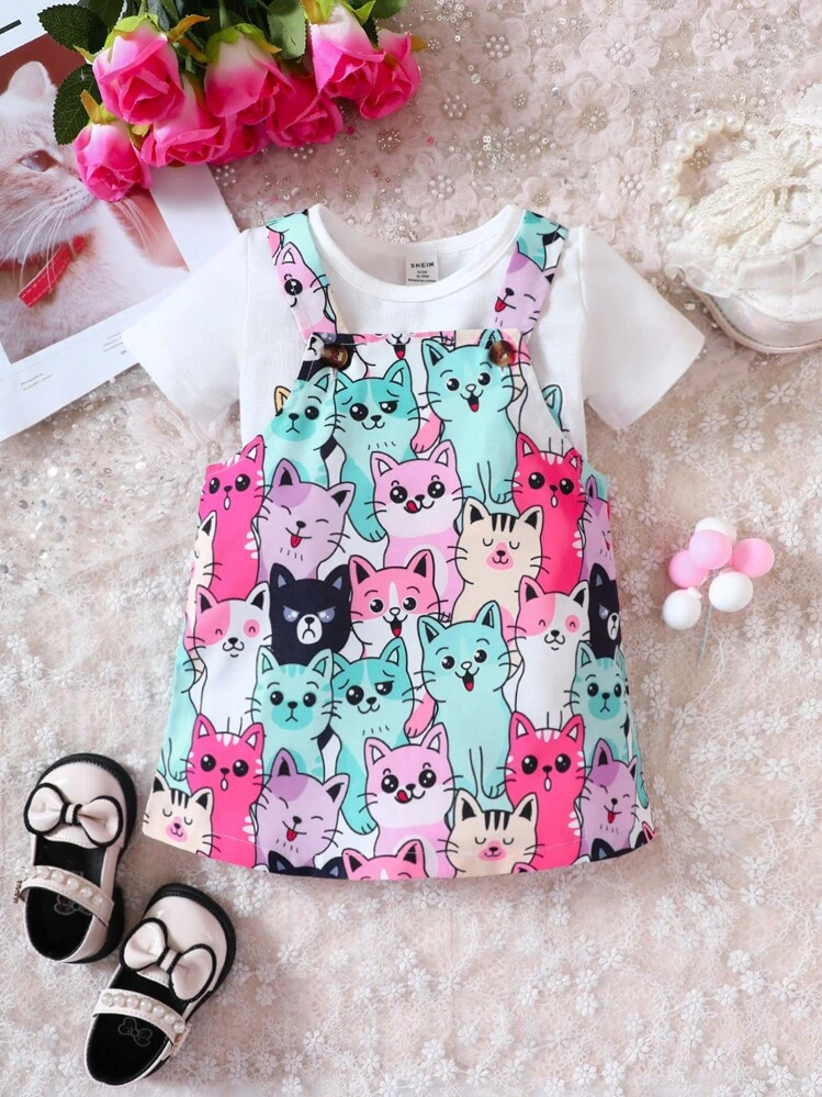 ベビー 漫画グラフィック Tシャツ & オーバーオールドレス - マルチカラー - 見る 3