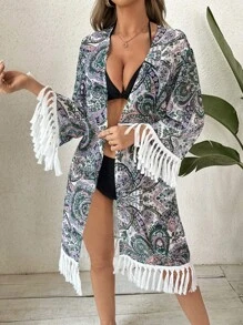 Paisley Print Fringe Trim Kimono - Multicolor - View 7