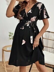 SHEIN 孕婦印花蝴蝶袖繫腰帶洋裝