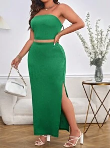 SHEIN Privé 大碼素色抹胸上衣&高衩半身裙 - 綠色 - 查看 1