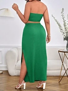 SHEIN Privé 大碼素色抹胸上衣&高衩半身裙 - 綠色 - 查看 2