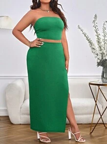 SHEIN Privé 大碼素色抹胸上衣&高衩半身裙 - 綠色 - 查看 5