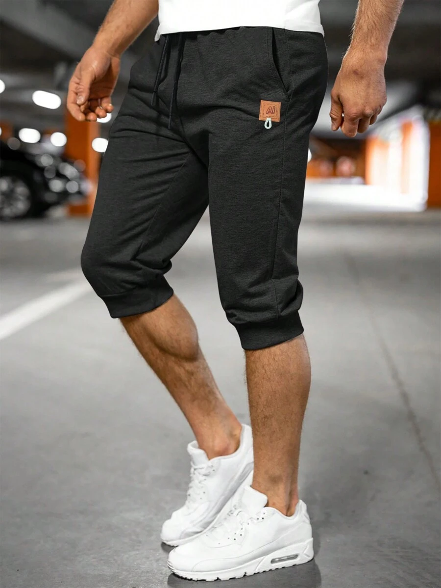Manfinity Homme Loose Fit Men's Capri Length Sweatpants With Letter Pattern Patchwork And Drawstring Waist - Black - View 1