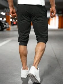 Manfinity Homme Loose Fit Men's Capri Length Sweatpants With Letter Pattern Patchwork And Drawstring Waist - Black - View 2