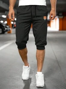 Manfinity Homme Loose Fit Men's Capri Length Sweatpants With Letter Pattern Patchwork And Drawstring Waist - Black - View 3