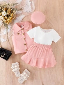 嬰兒素色T恤&夾克背心&荷葉邊半身裙&帽 - 彩色 - 查看 3