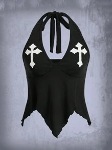 ROMWE Goth Vượt qua Thêu Ca-vát Backless Viền khăn tay Áo hai dây - màu đen - Xem 1