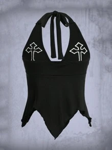 ROMWE Goth Vượt qua Thêu Ca-vát Backless Viền khăn tay Áo hai dây - màu đen - Xem 2