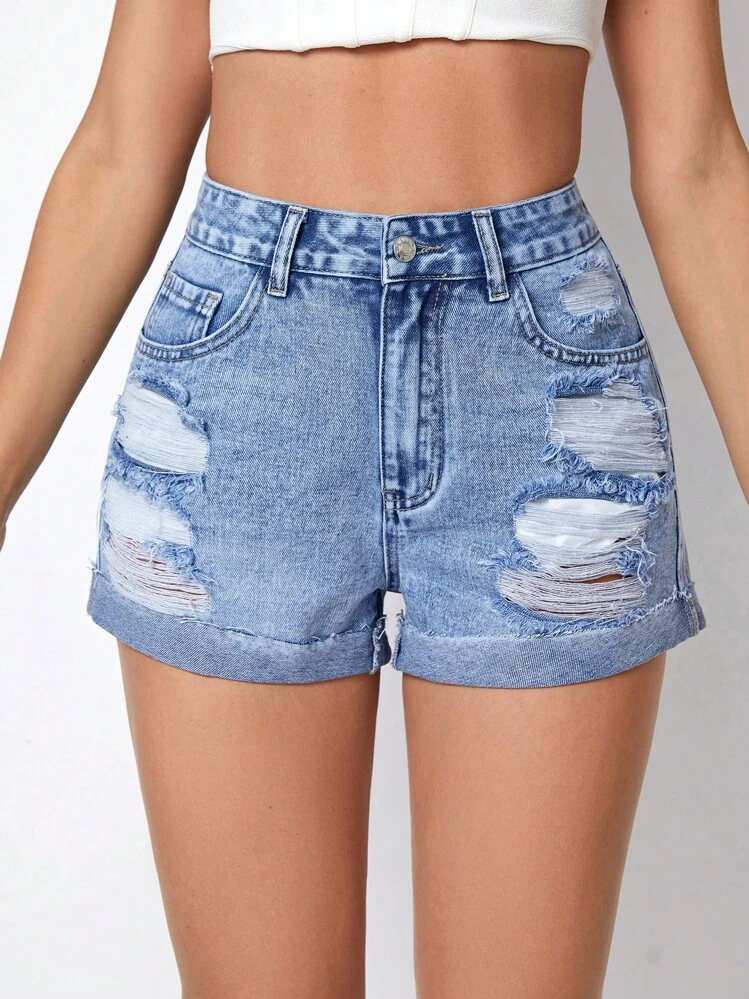 SHEIN Essnce Shorts en mezclilla desgarro bajo de doblez - Azul lavado medio - Añade 6