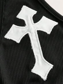 ROMWE Goth Vượt qua Thêu Ca-vát Backless Viền khăn tay Áo hai dây - màu đen - Xem 3