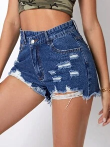 破洞毛邊牛仔短褲 - 深色水洗藍 - 查看 1
