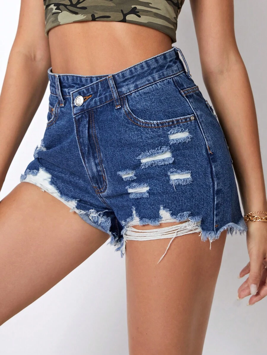 破洞毛邊牛仔短褲 - 深色水洗藍 - 查看 1