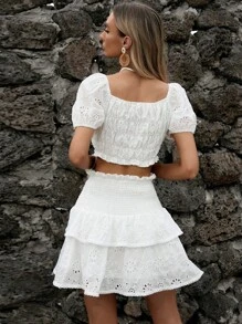 SHEIN VCAY Drawstring Front Puff Sleeve Crop Top & Layer Hem Skirt - White - View 2