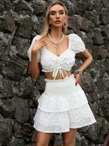SHEIN VCAY Drawstring Front Puff Sleeve Crop Top & Layer Hem Skirt - White - View 3