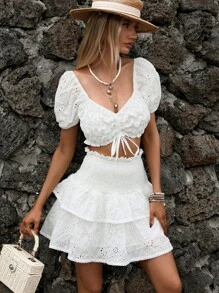 SHEIN VCAY Drawstring Front Puff Sleeve Crop Top & Layer Hem Skirt - White - View 4