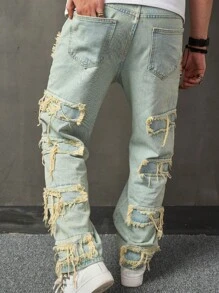 Manfinity EMRG Men Cotton Raw Trim Loose Fit Jeans, Drip Jeans, Jeans For Men, Ripped Jeans - Light Wash - View 2