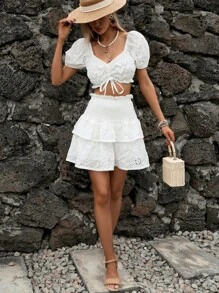 SHEIN VCAY Drawstring Front Puff Sleeve Crop Top & Layer Hem Skirt - White - View 5