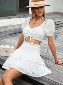 SHEIN VCAY Drawstring Front Puff Sleeve Crop Top & Layer Hem Skirt - White - View 6