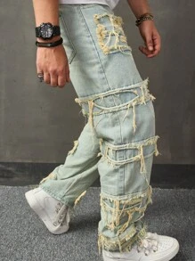 Manfinity EMRG Men Cotton Raw Trim Loose Fit Jeans, Drip Jeans, Jeans For Men, Ripped Jeans - Light Wash - View 4