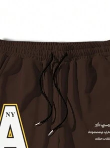 Manfinity Campus Court 男士標語圖案抽繩腰部超大運動褲 - 咖啡棕 - 查看 5