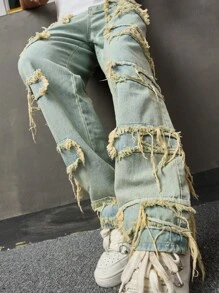 Manfinity EMRG Men Cotton Raw Trim Loose Fit Jeans, Drip Jeans, Jeans For Men, Ripped Jeans - Light Wash - View 8