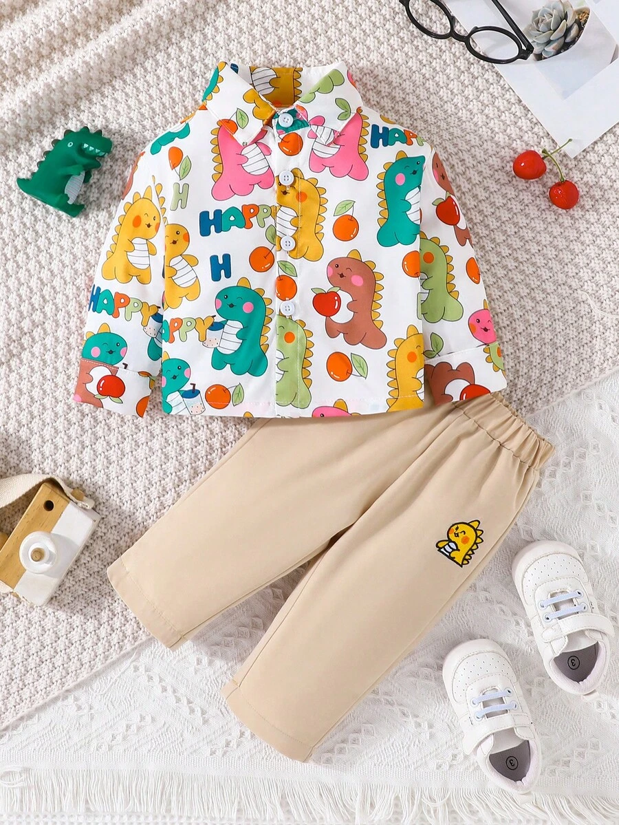 Fall Baby Boys' Long Sleeve Cute Dinosaur Printed Two Piece Outfit