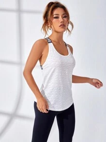 Yoga Basic 字母織帶交叉露背運動背心 - 白色 - 查看 5