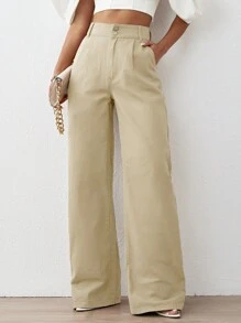 Quần jean nữ Nút Túi Dây kéo màu trơn - Màu Khaki - Xem 1