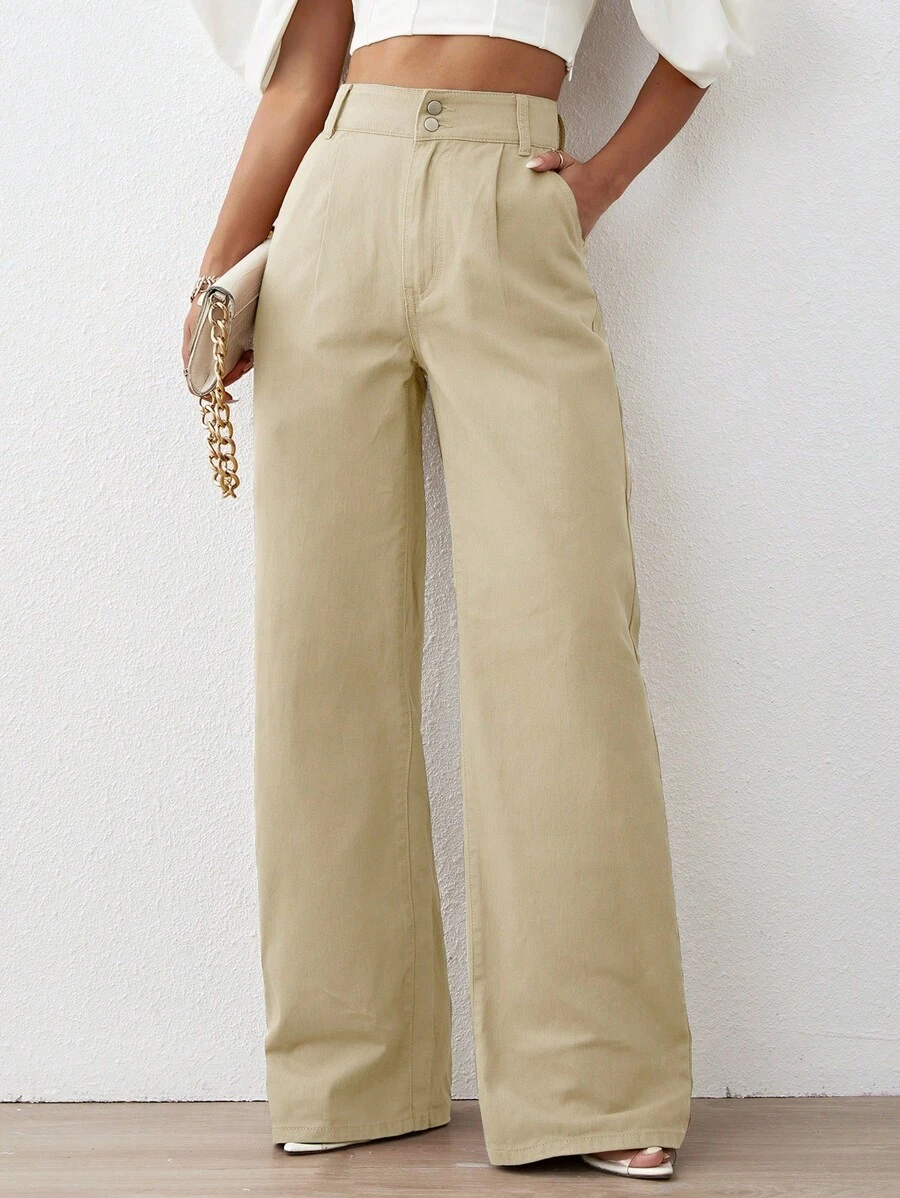 Quần jean nữ Nút Túi Dây kéo màu trơn - Màu Khaki - Xem 1