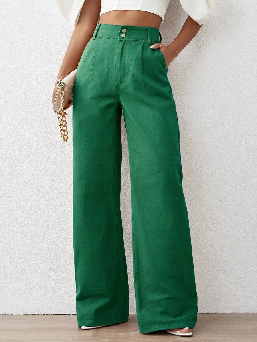 High Waist Wide Leg Jeans - Dark Green - View 1