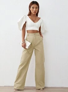 Quần jean nữ Nút Túi Dây kéo màu trơn - Màu Khaki - Xem 5