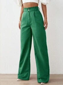High Waist Wide Leg Jeans - Dark Green - View 3