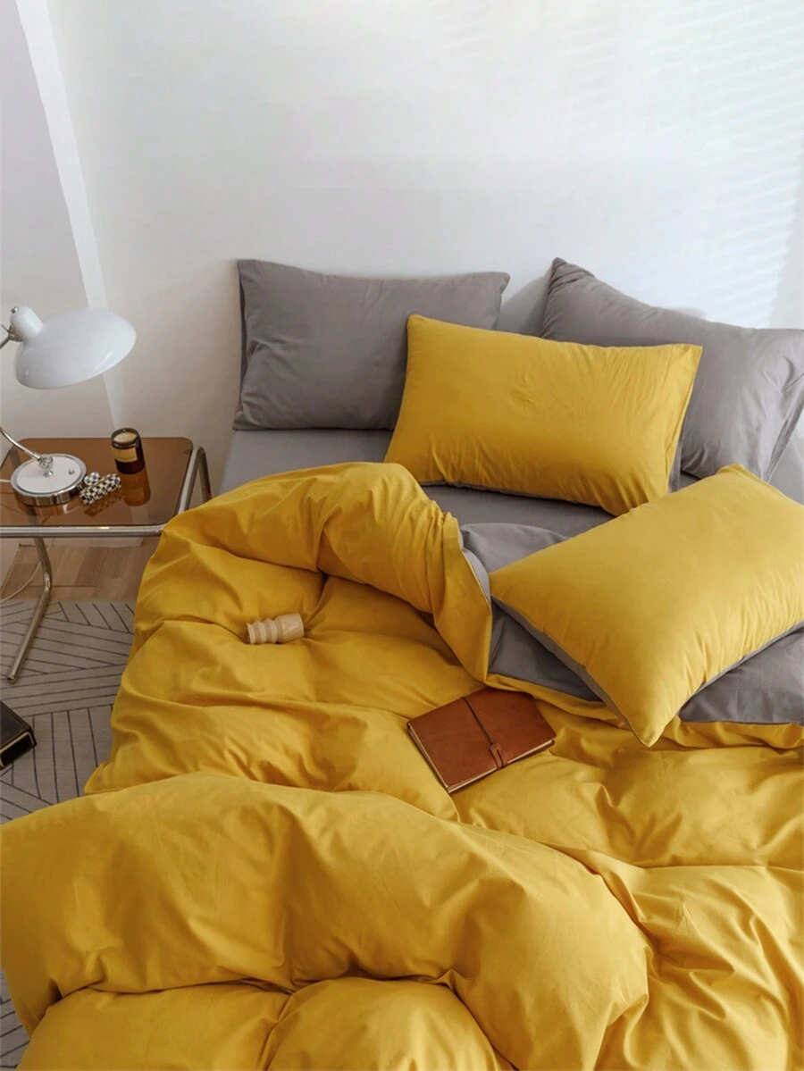 3 piezas Set colcha amarillo & gris de color combinado - Amarillo - Ver 1
