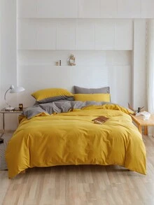 3 piezas Set colcha amarillo & gris de color combinado - Amarillo - Ver 2