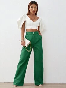 High Waist Wide Leg Jeans - Dark Green - View 5