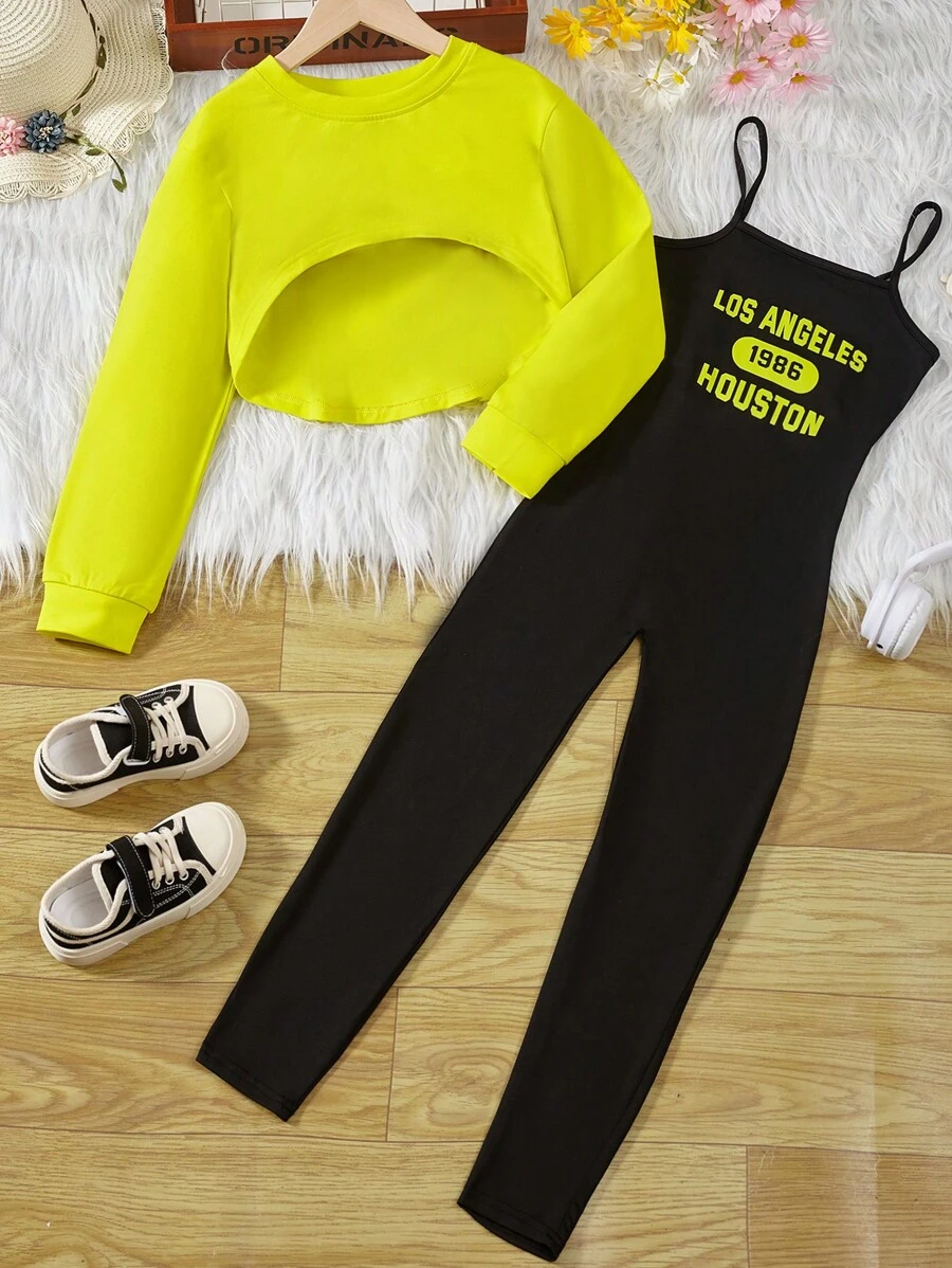 SHEIN 女大童高低下擺T恤&標語圖案吊帶連體褲 - 彩色 - 查看 1