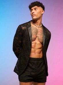 FeverCity 男士花卉蕾絲西裝外套和短褲 - 黑色 - 查看 3