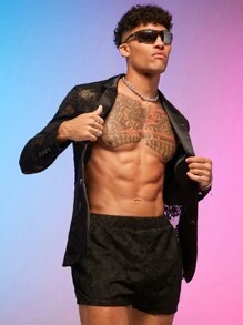 FeverCity 男士花卉蕾絲西裝外套和短褲 - 黑色 - 查看 4