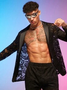 FeverCity 男士花卉蕾絲西裝外套和短褲 - 黑色 - 查看 5