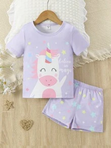 女小童獨角獸和字母圖案睡衣套裝 - 淡紫色 - 查看 1