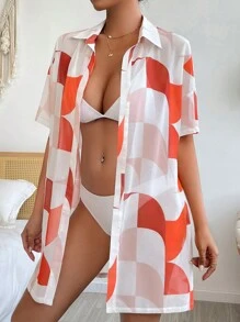 Geometrisch bedruckter Kimono mit Dropped Shoulder, für Sommerurlaub am Strand