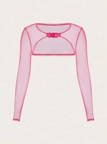 SHEIN ICON 帶扣細節短款網紗上衣 - 粉色 - 查看 1