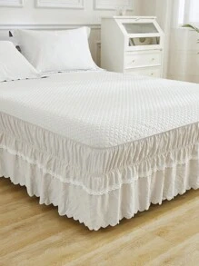 1pc Modern Style Bedroom White Solid Color Soft Ruffled Skirt With White Lace Edges - Beige - View 2