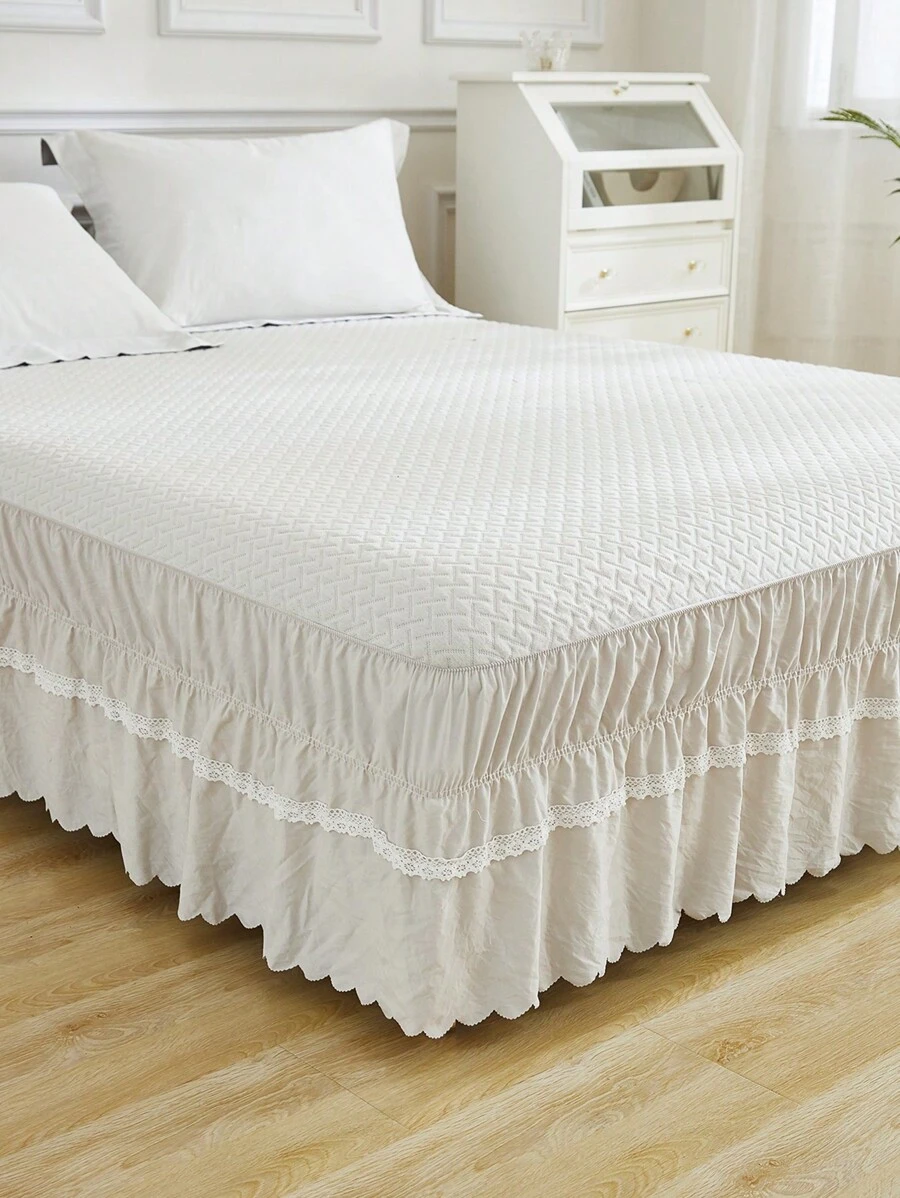 1pc Modern Style Bedroom White Solid Color Soft Ruffled Skirt With White Lace Edges