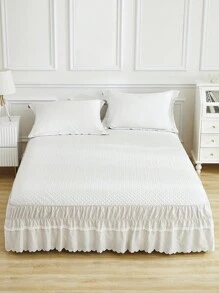 1pc Modern Style Bedroom White Solid Color Soft Ruffled Skirt With White Lace Edges - Beige - View 3