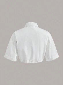 SHEIN EZwear 翻蓋口袋抽繩下擺短款襯衫 - 白色 - 查看 2